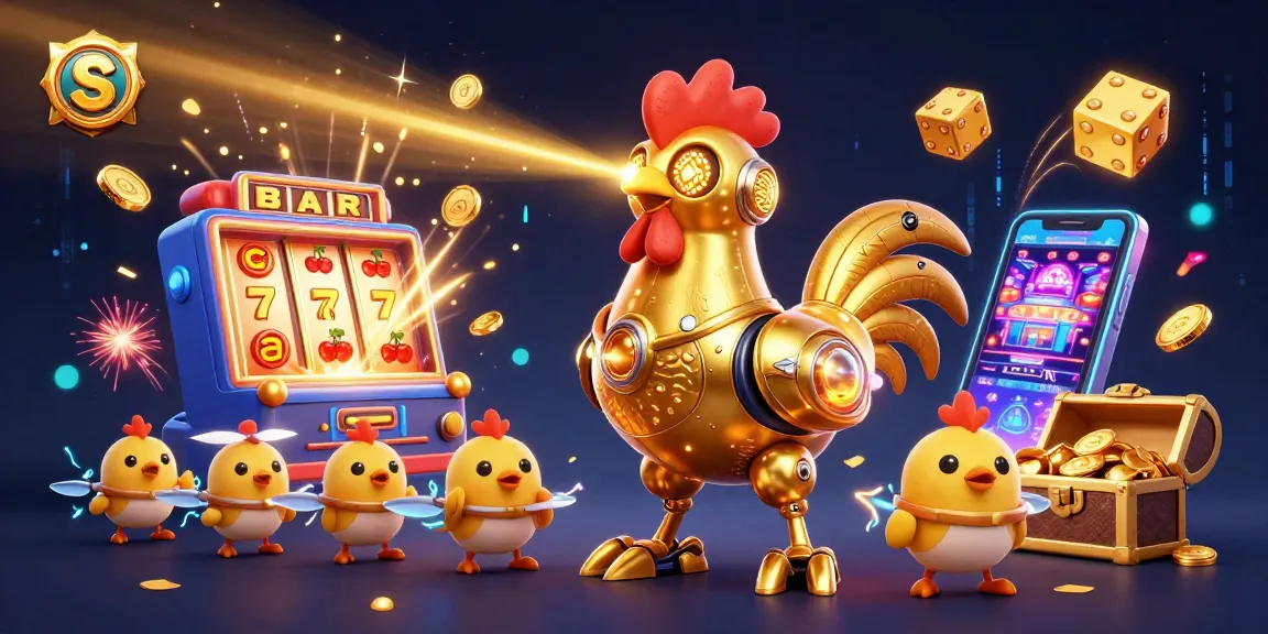Exciting gameplay at S 8 with golden rooster, winning slot machine explosion, and vibrant casino elements.
