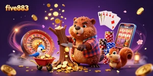 Experience the excitement of five883 with a lively 3D illustration of our cartoon characters in a casino scene.