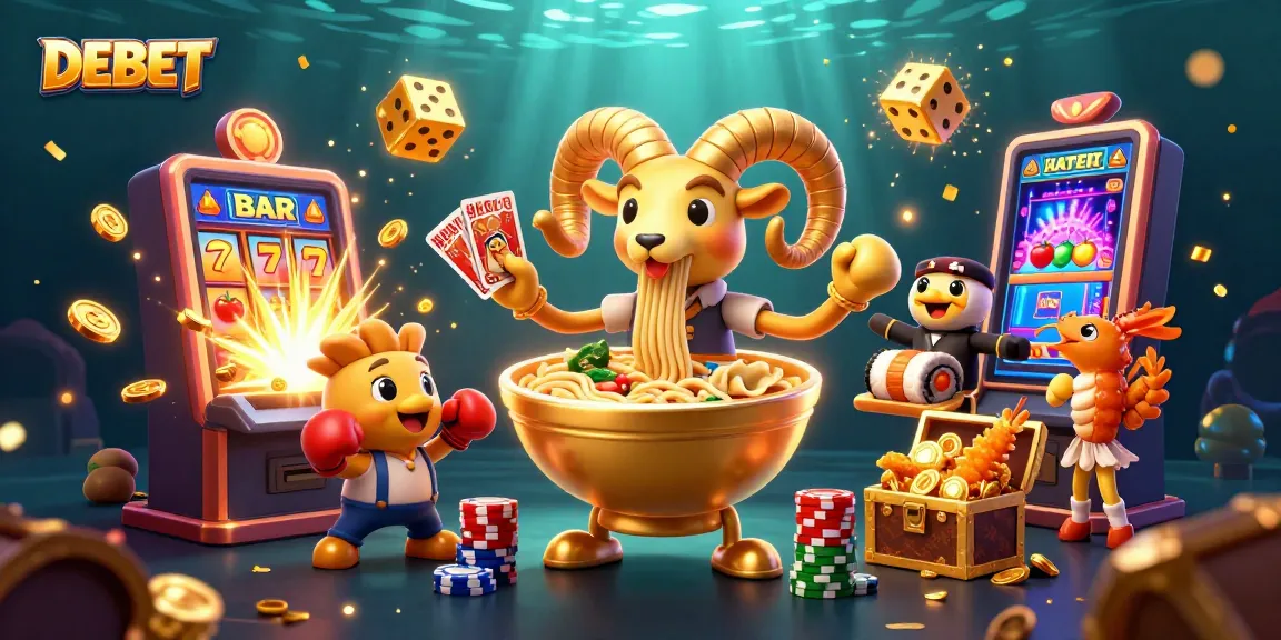 Experience the excitement of DEBET through this vibrant illustration of casino characters and gaming elements.