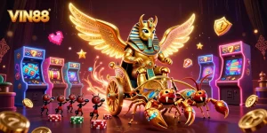 Engage with the vibrant world of VIN88 featuring a golden scarab beetle and slot elements.