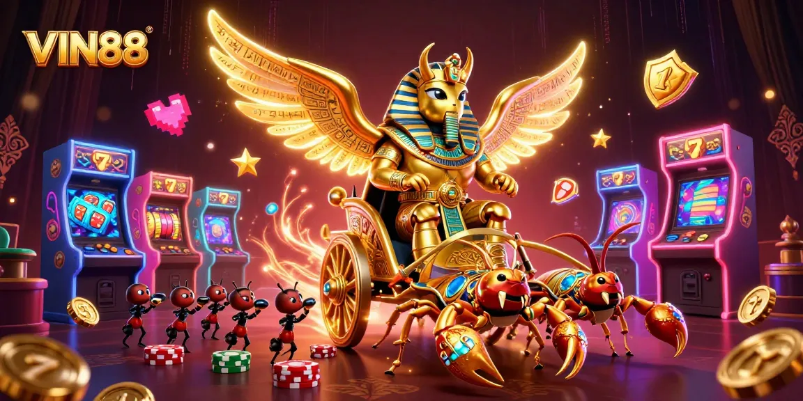 Engage with the vibrant world of VIN88 featuring a golden scarab beetle and slot elements.