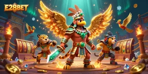 E28BET gaming scene with Aztec warrior and jaguar, immersing players in action and excitement.