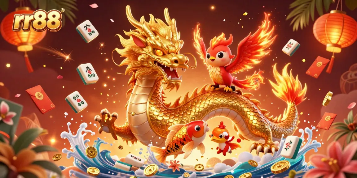Engage in thrilling gaming at rr88 with a vibrant 3D casino illustration of a dragon, phoenix, and koi fish amid festive symbols.