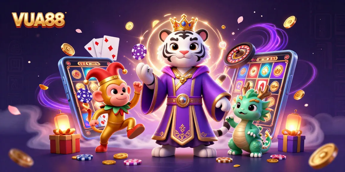 VUA88 enhances the excitement of gaming with a vibrant illustration featuring a royal tiger and playful monkey