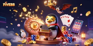 Engage with the immersive world of FIVE88, where a penguin plays a golden coin pipe organ surrounded by festive casino elements.