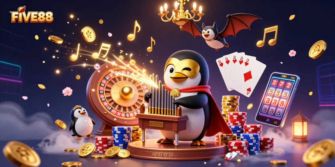 Engage with the immersive world of FIVE88, where a penguin plays a golden coin pipe organ surrounded by festive casino elements.