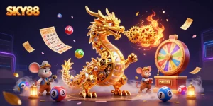 Experience thrilling gameplay at SKY88 with vibrant lottery elements and a golden dragon character.