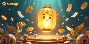 Bettors engage with Buntogel's online lottery platform amid vibrant 3D elements.