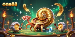 Experience thrilling gameplay at one88, featuring a giant nautilus roulette wheel and glowing ammonites in a vibrant casino setting.