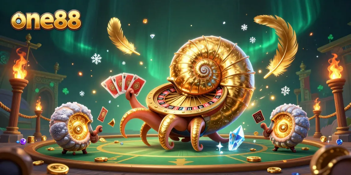 Experience thrilling gameplay at one88, featuring a giant nautilus roulette wheel and glowing ammonites in a vibrant casino setting.