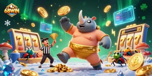 68WIN slot champion illustration featuring vibrant characters and dynamic casino elements.