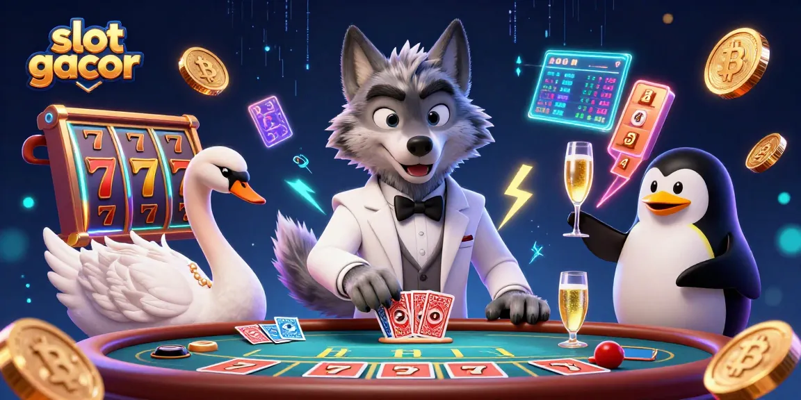 Mengguncang slot gacor dengan serigala dan angsa dalam ilustrasi kasino megah.