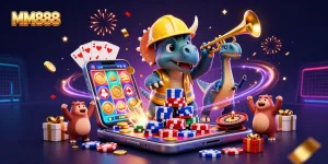 Engage with MM888 by building a poker chip pyramid in a vibrant casino-themed celebration