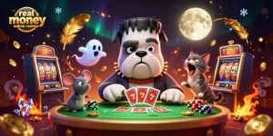 Engage with real money online casinos featuring a cartoon bulldog dealer at a spooky casino table.
