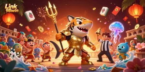 Experience the excitement of gambling with Link 98win in this dynamic, vibrant 3D illustration featuring casino elements.