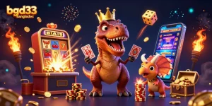 Enjoy thrilling games with bgd33 banglades as a T-Rex and friends celebrate big wins in this vibrant casino scene.