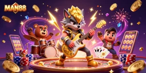 Experience thrilling gameplay at MAN88 with a rock star wolf and vibrant casino action.