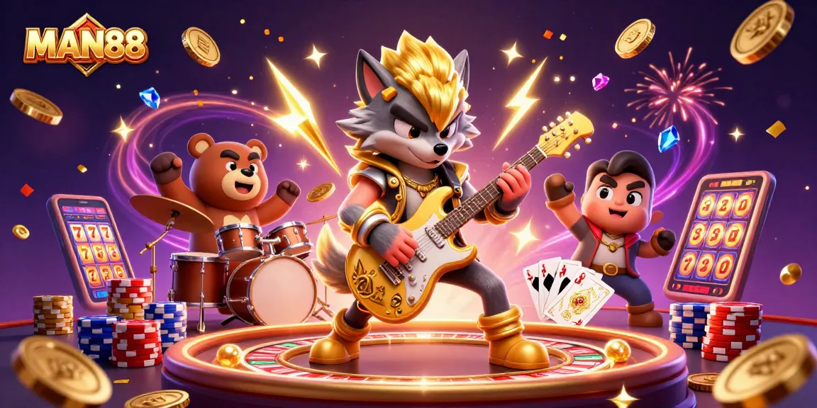 Experience thrilling gameplay at MAN88 with a rock star wolf and vibrant casino action.