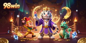 Join 98win in the vibrant casino world with an elite tiger, playful monkey, and jade dragon amidst exciting gaming elements.