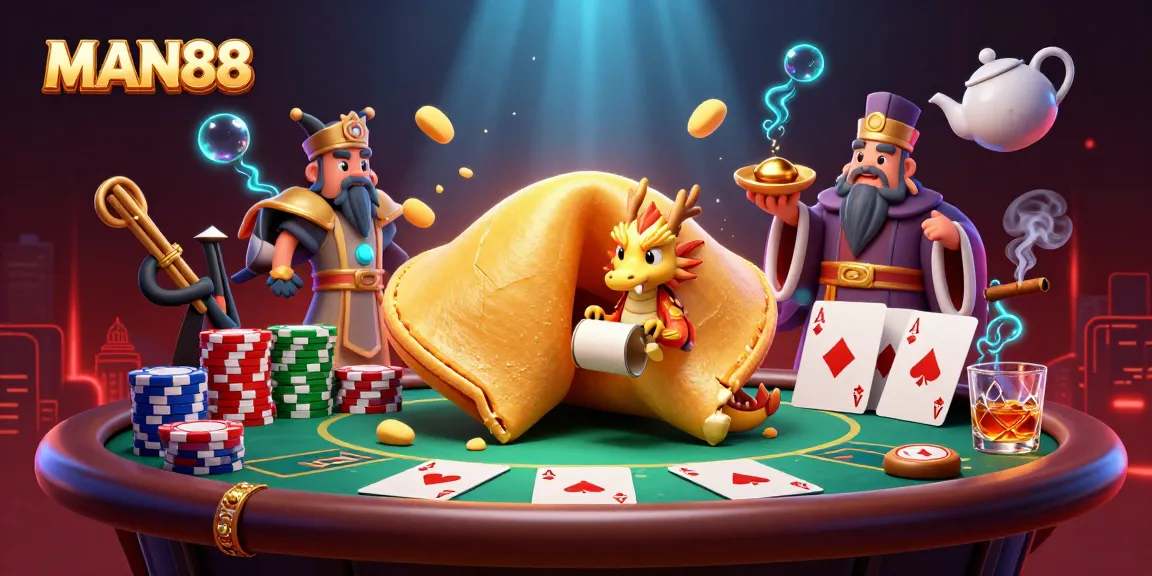 Engage with MAN88's dynamic scene of fortune with a dragon, poker elements, and lavish decorations.