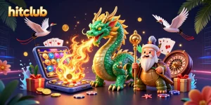Experience exciting wins at hitclub with a vibrant dragon and gaming elements in a stunning 3D illustration.