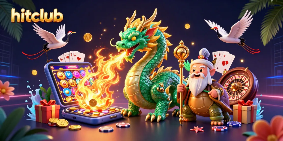 Experience exciting wins at hitclub with a vibrant dragon and gaming elements in a stunning 3D illustration.