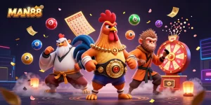 Engage with MAN88's vibrant lottery and betting scene featuring dynamic characters and thrilling elements.