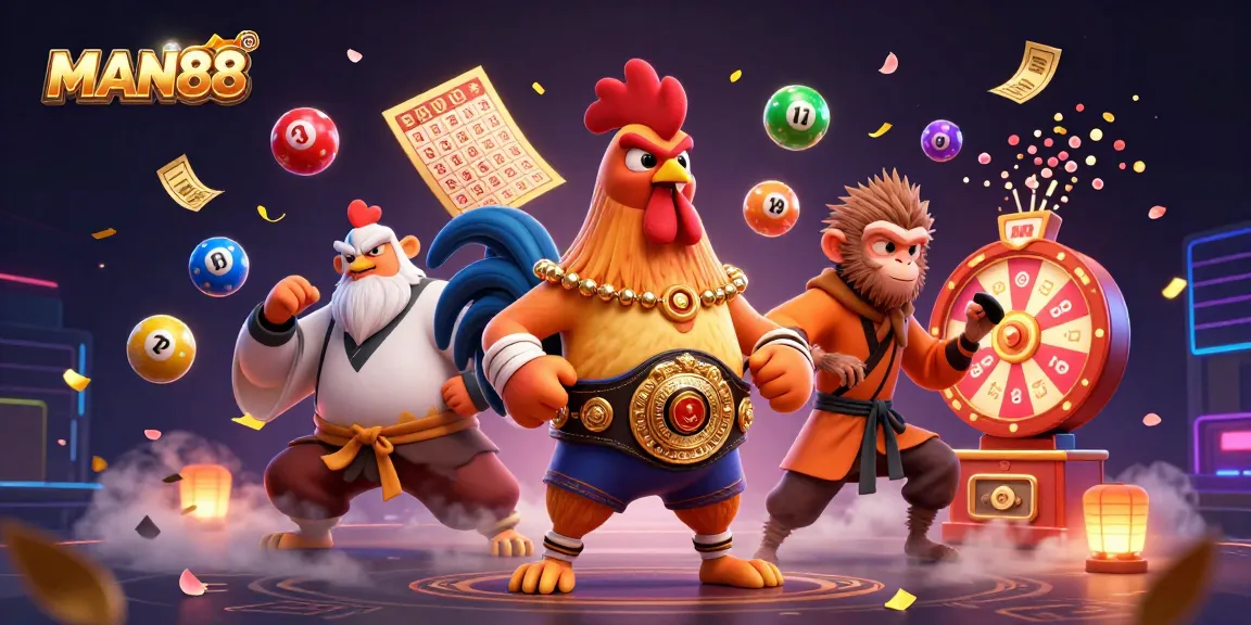 Engage with MAN88's vibrant lottery and betting scene featuring dynamic characters and thrilling elements.