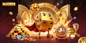 Experience the thrilling world of MAN88 with this vibrant 3D casino scene featuring golden dice and treasure elements.