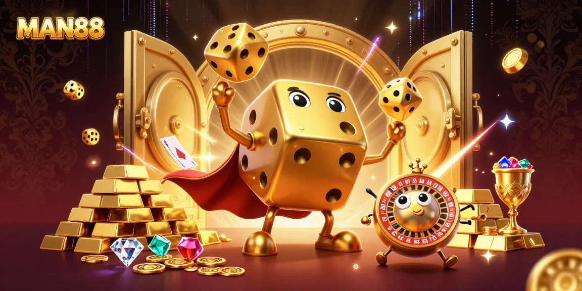 Experience the thrilling world of MAN88 with this vibrant 3D casino scene featuring golden dice and treasure elements.