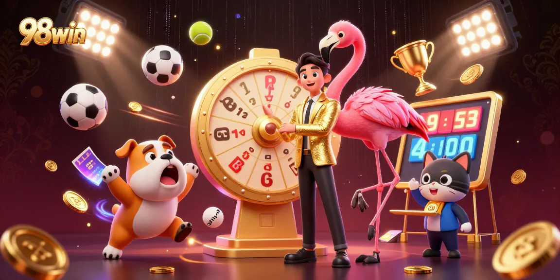 Spin to win with 98win as the lively flamingo host and excited bulldog contestant create a vibrant casino atmosphere.