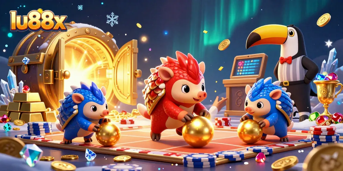 Engage with lu88x in a dynamic 3D scene of competitive pangolins, poker chips, and gold treasures.