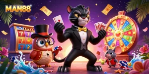 Engage with MAN88's thrilling casino experience featuring a panther dealer and lively characters.