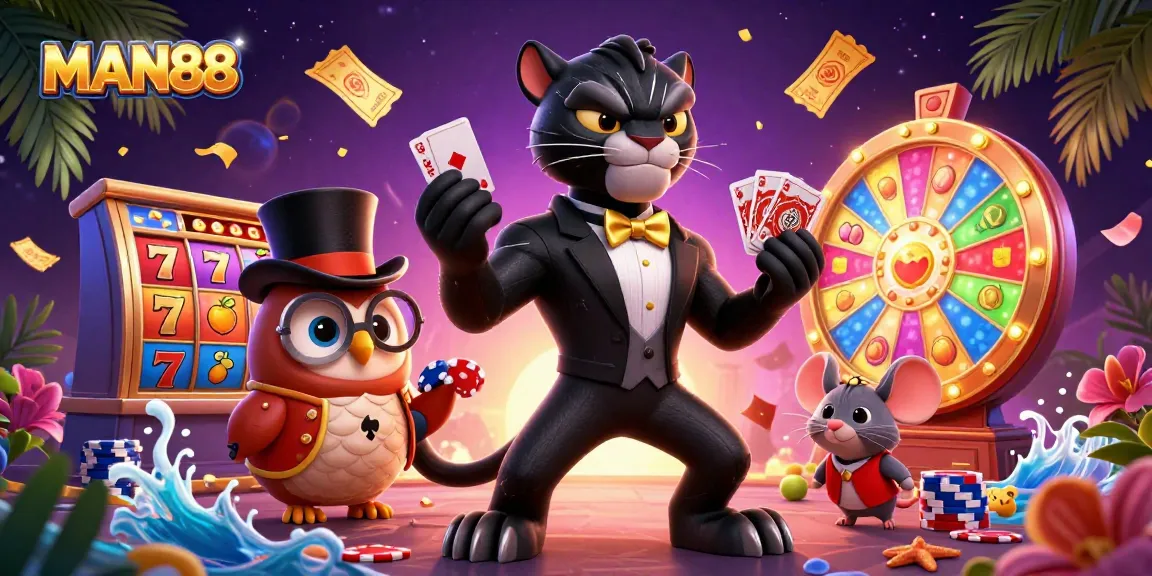Engage with MAN88's thrilling casino experience featuring a panther dealer and lively characters.