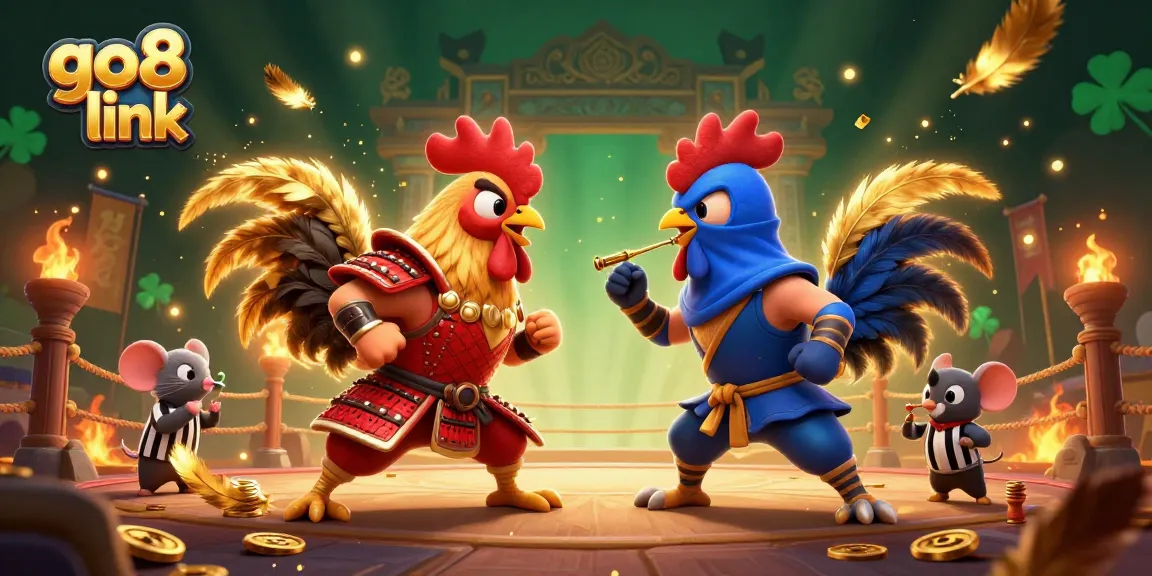 Engage with the exciting go8 link as roosters duel amidst golden feathers and vibrant casino elements.