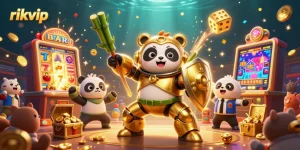 Experience the excitement of rikvip with a 3D cartoon mech-suit panda in a dynamic casino scene.
