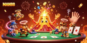 Experience the thrill of MAN88 with a volcano of coins and a poker showdown.