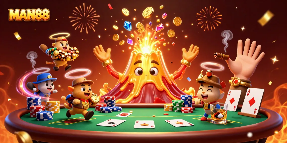 Experience the thrill of MAN88 with a volcano of coins and a poker showdown.