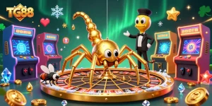 Experience thrilling bets at TG88 with a spider dealer spinning a gold roulette web in this captivating casino scene.