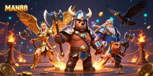 Experience the thrill of MAN88 casino gaming with a Viking bear and Valkyrie eagle in an epic 3D scene.